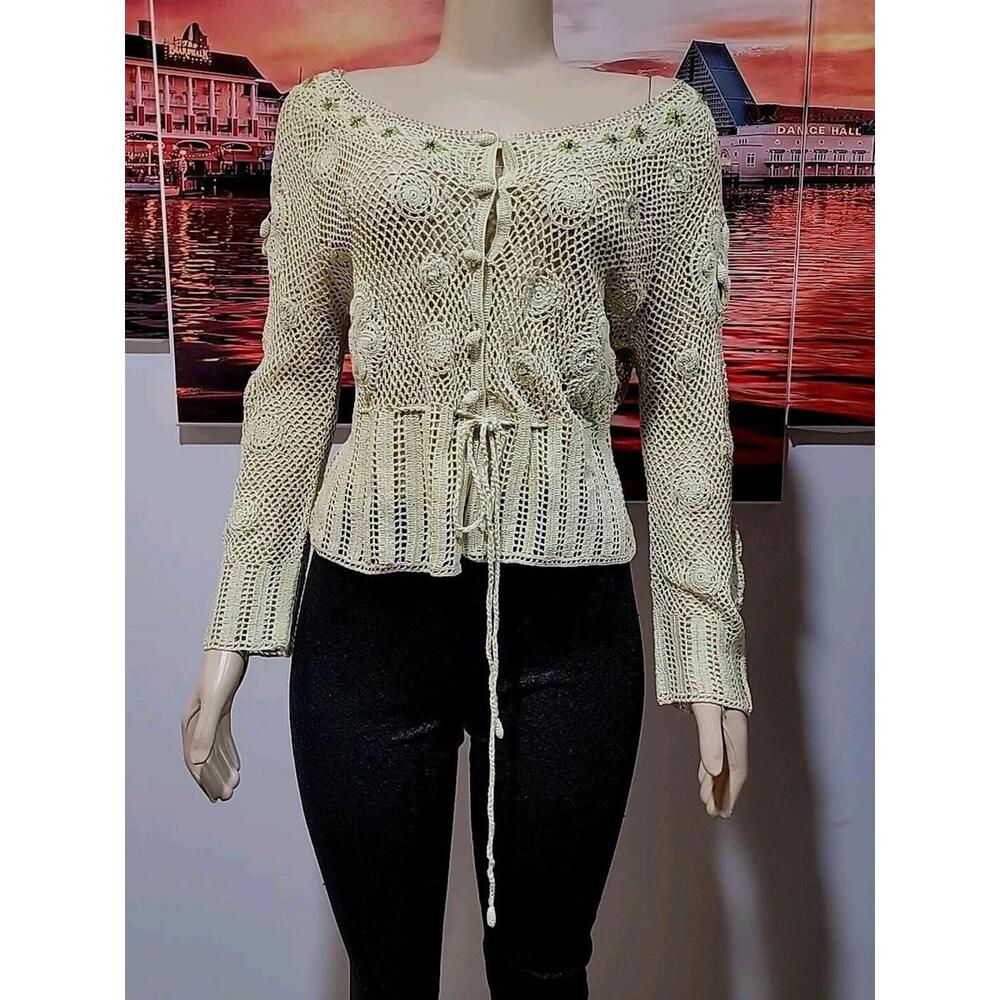 Anthropologie MOTH Green Lime Luxe Crochet Embellished Sz M Cardigan Sweater #3